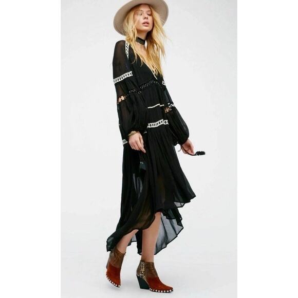 Free People Dark Horse Black Sheer Boho Maxi Dress M Embroidered Cutout - Picture 1 of 10